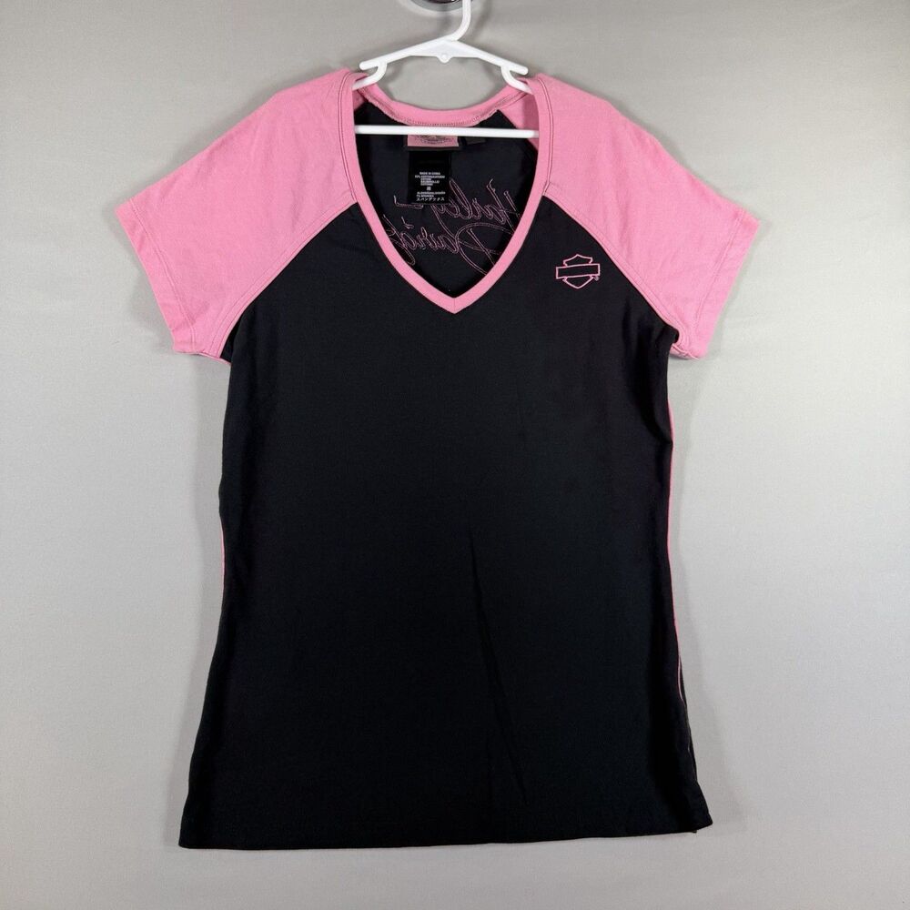 Harley Davidson Womens SM V-Neck T-Shirt Black Pink Raglan Embroidered Logo Tee